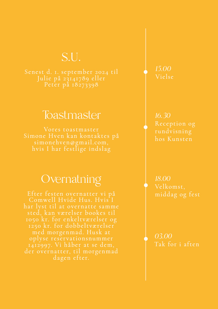 Før festen - Julie og Aksel Orange, Praktisk info, vertikal tidslinje